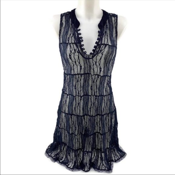 Free People Dresses & Skirts - Free People Navy Sheer Lace Bow Back Minidress NWT